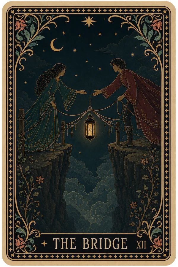 Illustration: two people reach toward each other across a chasm, a lantern hung between them.
