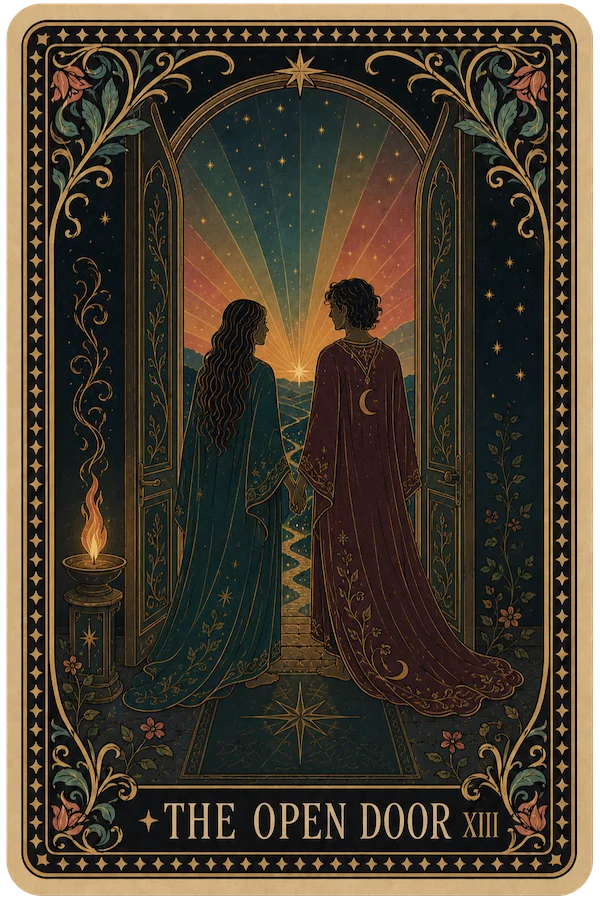Illustration: two people stand hand in hand at an open door, dawn light breaking through.
