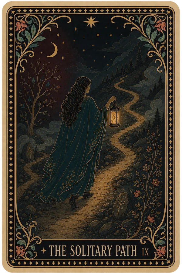 Illustration: a woman walks a winding, lantern-lit path alone through the woods at night.